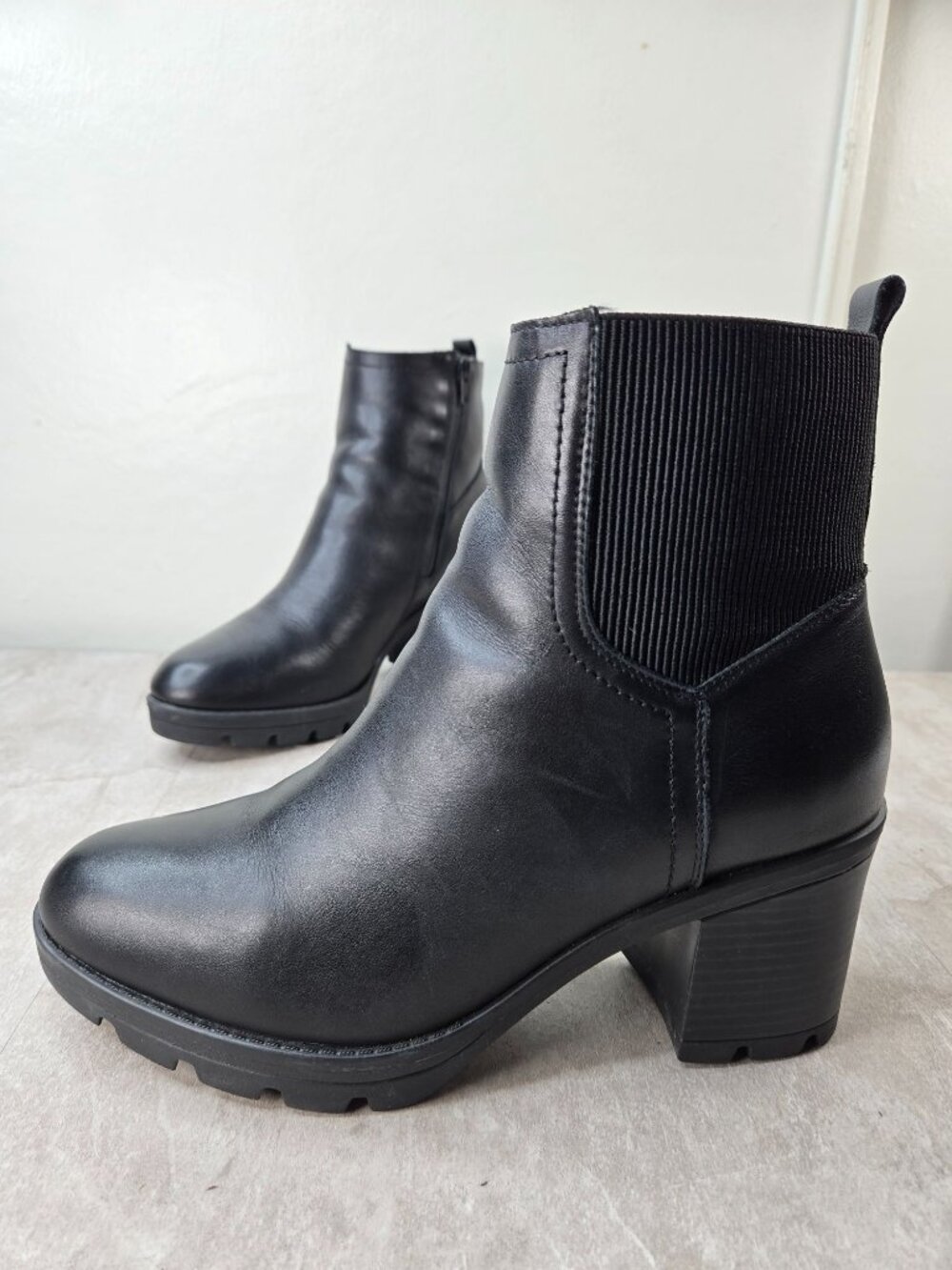 Platform Ankle Boots Sz 9.5 Wide Fit Black Leather Comfort Bootie Chunky Chelsea